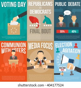 Set of color posters with title about agitation voting and election government isolated vector illustration