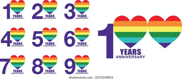 set of color pride heart shape 10 20 30 40 50 60 70 80 90 and 100 years anniversary logo style on white background. heart shape vector illustration.