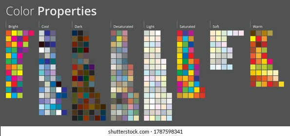 Set of color properties. Bright, cool, dark, desaturated, light, saturated, soft and warm. 