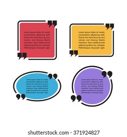 Set of color quote text bubbles. Quotation mark speech bubbles. Set of quote sign icons. Quote blank template. Quote bubble. Empty template. Quote form. Vector illustration.