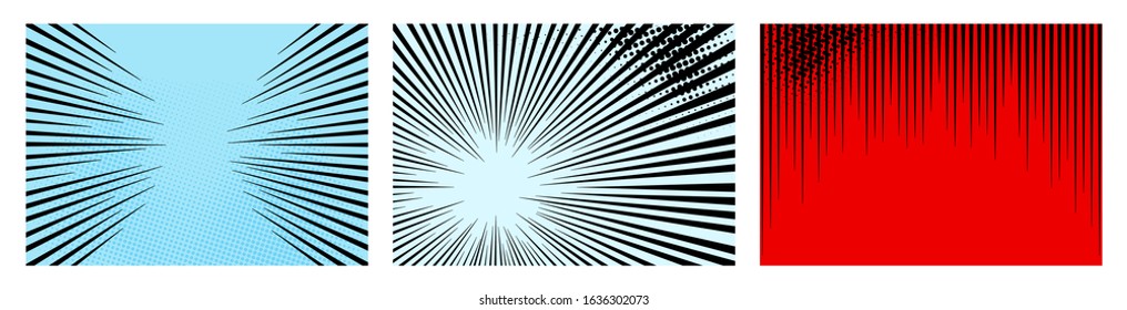 Set of color radial lines comics style background. Manga action, speed abstract. Vector illustration. Isolated on white background