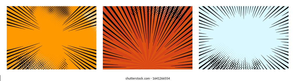 Set of color radial lines comics style background. Manga action, speed abstract. Vector illustration. Isolated on white background