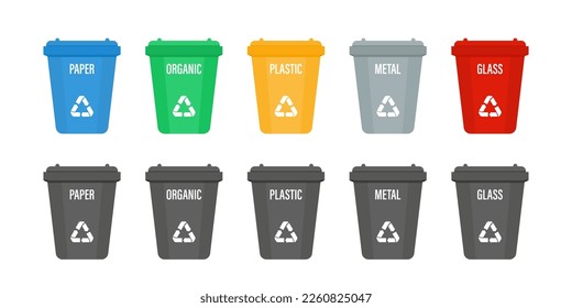 Set of color recycle garbage bins different types of waste.  Bin with recycle symbol for plastic ,organic ,metal ,paper  and glass . Vector icon on white background. Separation and  recycling .