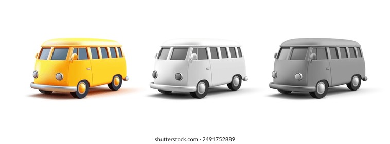 Set of color retro minibuses, campers, 3D. For road trips, adventures, and recreation. Realistic rendering on a white background. Vector