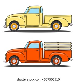 Set of color retro pickup truck. Vector doodle illustration