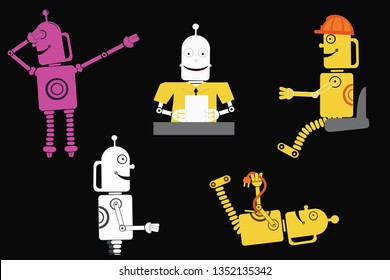 Set of color retro robots in defferent roles for RPA topic: yellow, white, purple.
