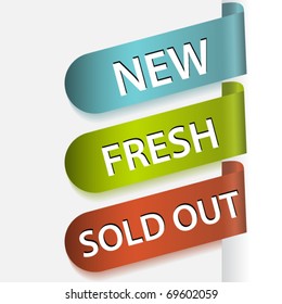Set of color ribbons with text new, fresh and sold out