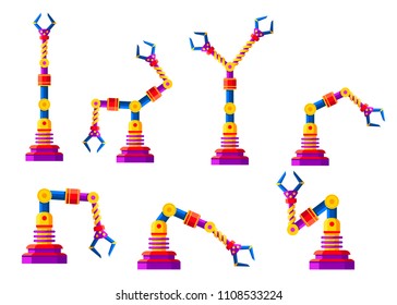 Set of color robotic arms, hands. Vector robot icons collection. Industrial technology and factory symbols. Flat illustration isolated on white background.