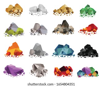 Set of color rocks, salt, gold, gravel, emerald, rubies, cristal, hot embers, bronze, silver.