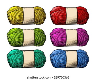 Set color roll yarn with woolen thread for knitting. Hand drawn in a graphic style. Vintage vector engraving illustration for poster, web. Isolated on white background