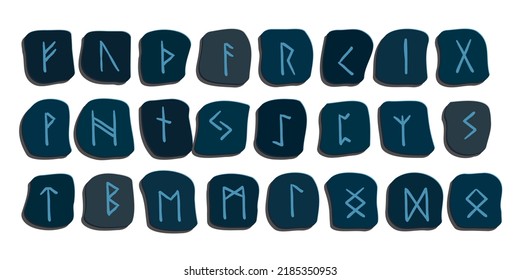 Set color runes symbols on white. Runic alphabet, Futhark. Ancient norse occult symbols, vikings letters carved in stone, rune font. Runic magical talismans northern peoples. Vector illustration