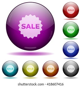 Set of color Sale badge glass sphere buttons with shadows.