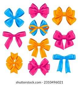 Set of color satin bows. Ribbon with knot for card decoration and design.