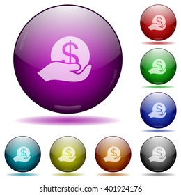 Set of color save money glass sphere buttons with shadows.