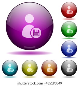 Set of color Save user account glass sphere buttons with shadows.