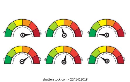 Establece la escala de color con flecha de rojo a verde con nivel bajo y alto. La escala de riesgo de signo de icono del dispositivo de medición, tacómetro, velocímetro, médico, puntuación de hemoglobina, barómetro de satisfacción. Vecto