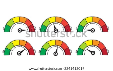 Set color scale with arrow from red to green with low and high level. The measuring device icon- sign risk scale, tachometer, fast speedometer, medical, Hemoglobin score, satisfaction barometer. Vecto