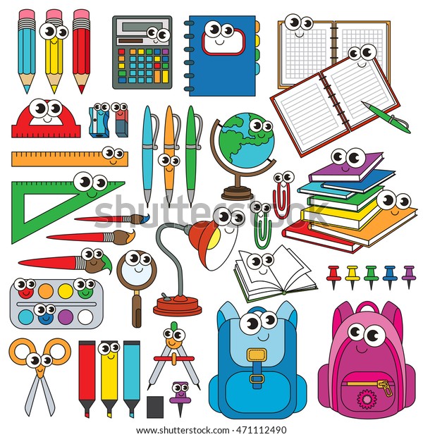 Set of color\
school supplies cartoons in\
vector