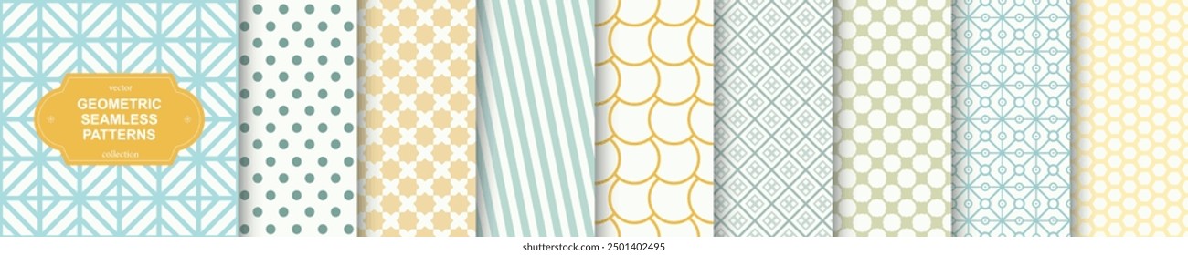 Set of color seamless geometric patterns - symmetric tile textures. Vector decorative simple backgrounds. Delicate textile repeatable prints