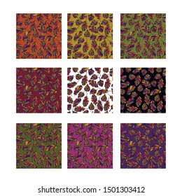 Set color  seamless pattern with multicolor leaves. Background  hand draw  foliage. Design element, graphic print for fabric, textile, industry,wrapping paper.