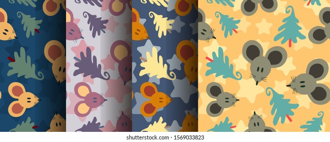 Set of color seamless patterns with Christmas tree, mouse, rat, tree, stars. Children's ornament, New Year print. yellow, green, brown, purple, turquoise, gray, blue. Background, vector, wallpaper, 