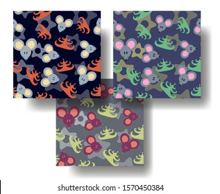 Set of color seamless patterns with Christmas tree, mouse, rat, tree, stars, pink, blue, gray, green, light green. Children's ornament, New Year print. Background, vector, wallpaper, wrapper, vector
