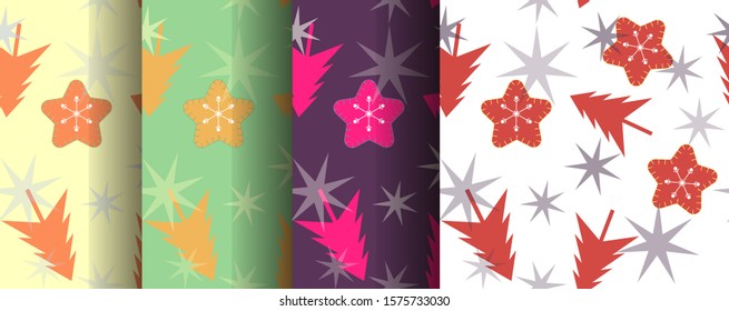Set of color seamless patterns with Christmas tree, stars, pink, yellow, gray, green, light green. Children's ornament, New Year print. Background, vector, wallpaper, wrapper, vector