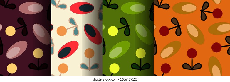 

Set of color seamless patterns with ethnic flowers and circles. Bright, fashionable ornament, colorful background for textiles, wallpaper, wrapping paper, interior decor, clothes