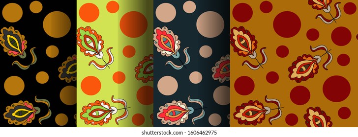 
Set of color seamless patterns with ethnic flowers and circles. Bright, fashionable ornament, colorful background for textiles, wallpaper, wrapping paper, interior decor, clothes