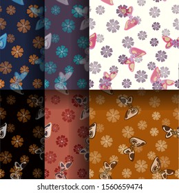 set of color seamless patterns with flowers and bows, orange, pink, blue, gray, brown, yellow, purple, green, beige