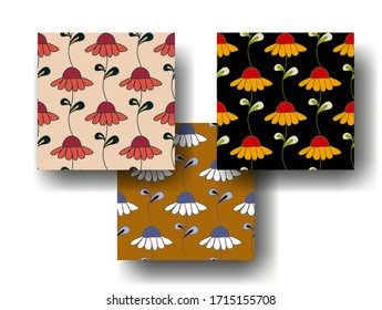 Set of color seamless patterns with flowers, bright ornament, fashionable print for textiles and wallpapers. Background, vector. Daisy, beige, mustard, black, red