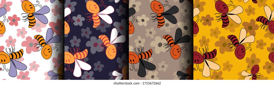 Set of color seamless patterns with flowers and bees, bright ornament, children's print for textiles and wallpapers, cartoon style. Background, vector. Gray, yellow, dark, orange, brown, white