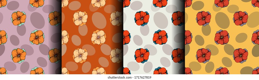 Conjunto de colores sin fisuras con flores, adornos brillantes, impresiones para textiles y papel pintado. Fondo, vector. 