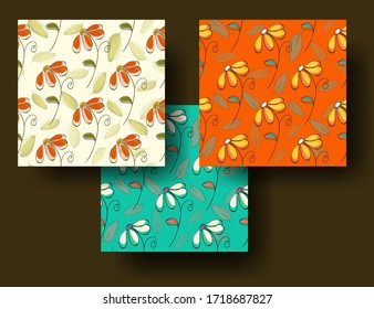 Set of color seamless patterns with flowers, bright ornament, print for textiles and wallpaper. Background, vector