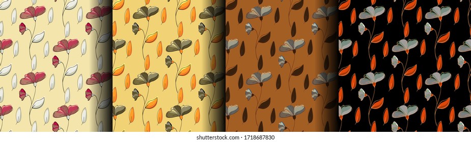 Set of color seamless patterns with flowers, bright ornament, print for textiles and wallpaper. Background, vector