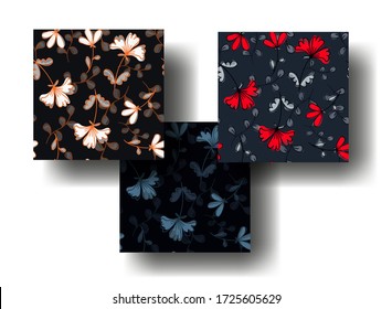 set of color seamless patterns with flowers, delicate ornament for textiles and surface printing, background, vector. Black, Blue, Beige, Red