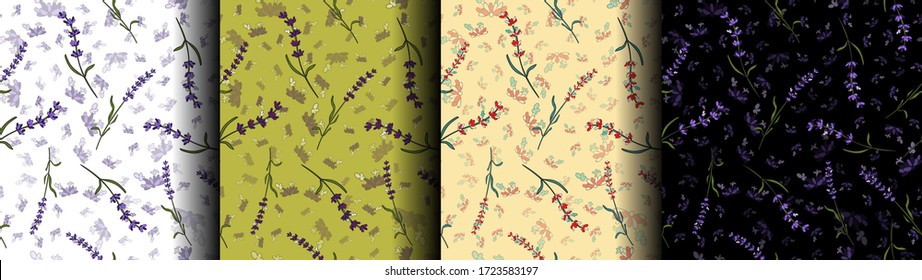 Farbpalette nahtloser Muster mit Lavendelblumen, zartes Ornament für Textilien und Oberflächendruck, Hintergrund, Vektorgrafik. Purpur, Grün, Beige, Schwarz