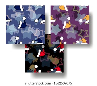 set of color seamless patterns with mice, hats, stars, holiday ornament, New Year print, decor, gray, yellow,black, red, purple, pink, blue, cartoon rats, vector