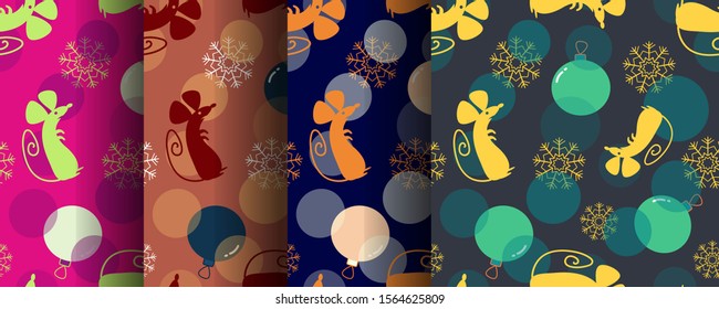 Set of color seamless patterns with mice, balls, circles, snowflakes. Children's ornament, New Year print. Pink, green, blue, red, yellow. Background, vector, wallpaper, wrapper, Rat