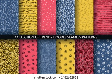 Set of color seamless trendy hand-drawn patterns. Vector modern creative backgrounds for your design