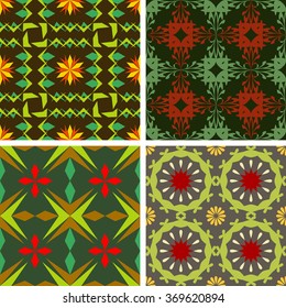Set color of seamless vector patterns of symmetrical abstract geometric shapes