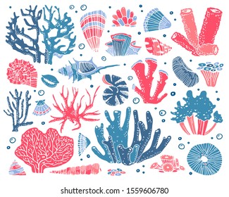 Set of color seashells and corals. Vector hand drawn cartoon illustration isolated on white background