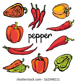 Set color simple sketch icon red hot chili peppers and bell peppers isolated on white background. Doodle, cartoon drawing illustration. Vintage. Retro style. Vegetables. Food - vector