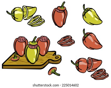 Set color simple sketch red and green peppers and stuffed peppers  isolated on white background
