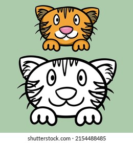 A set of color and sketch drawings, a coloring book. Cute striped cartoon orange kitten looks and smiles, cat face with paws, vector illustration on green background