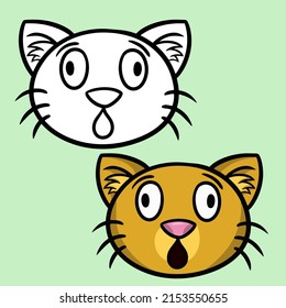 A set of color and sketch drawings. Cute cartoon orange kitten looks and wonders, cat face, vector illustration on a light background