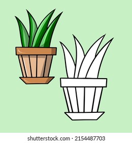 A set of color and sketch image. Green plant sansevieria, aloe in a ceramic pot, indoor plants, cartoon vector illustration on a green background