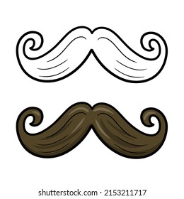 A set of color and sketch images. Funny, cartoon mustache for parties and practical jokes, fake funny mustache. Vector illustration on a white background