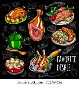 Set color sketch meat, fish, side dishes. Color dishes, soup, chicken, tomatoes, mushrooms, onion, meat, sausage, grill, ham, potato, meat dumplings. Blackboard, chalk. Hand draw vector illustration.