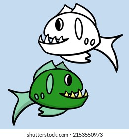 A set of color and sketch pictures. Predatory green fish with sharp teeth, vector cartoon illustration on a light background